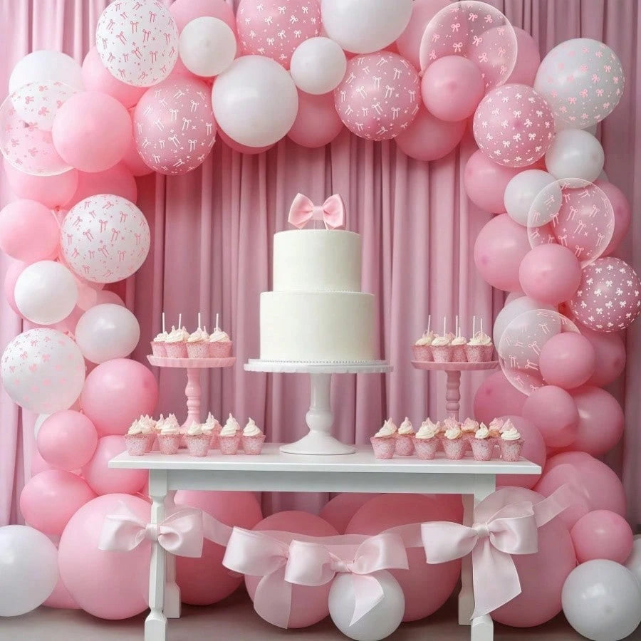 38pcs 12-Inch Pink And Transparent White Bow Print Balloons, Cute Balloon Decorations For Baby Christening Party, Princess, Girl Birthday Party, Bachelorette Party, Bow Theme Party, Gender Reveal, Bri