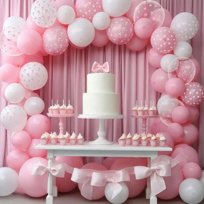 38pcs 12-Inch Pink And Transparent White Bow Print Balloons, Cute Balloon Decorations For Baby Christening Party, Princess, Girl Birthday Party, Bachelorette Party, Bow Theme Party, Gender Reveal, Bri