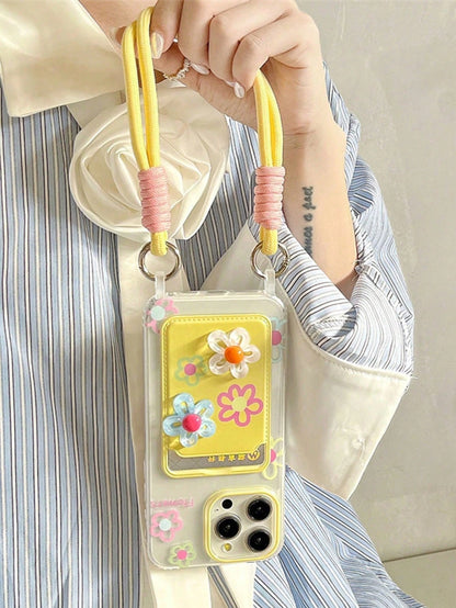 3D Floral Lanyard Card Holder Phone Case Compatible With IPhone 16 Pro Max/IPhone 15 Pro Max, New IPhone 11, IPhone 12, Creative Soft Protective Cover Compatible With IPhone 14 Pro/13, Suitable For Wo