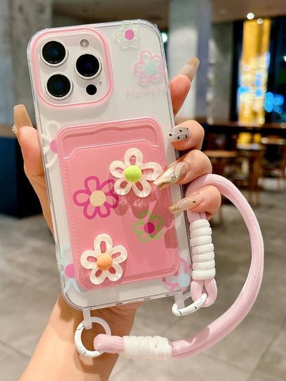 3D Floral Lanyard Card Holder Phone Case Compatible With IPhone 16 Pro Max/IPhone 15 Pro Max, New IPhone 11, IPhone 12, Creative Soft Protective Cover Compatible With IPhone 14 Pro/13, Suitable For Wo