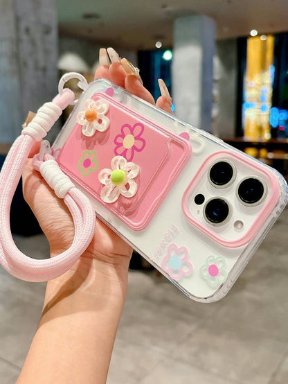 3D Floral Lanyard Card Holder Phone Case Compatible With IPhone 16 Pro Max/IPhone 15 Pro Max, New IPhone 11, IPhone 12, Creative Soft Protective Cover Compatible With IPhone 14 Pro/13, Suitable For Wo