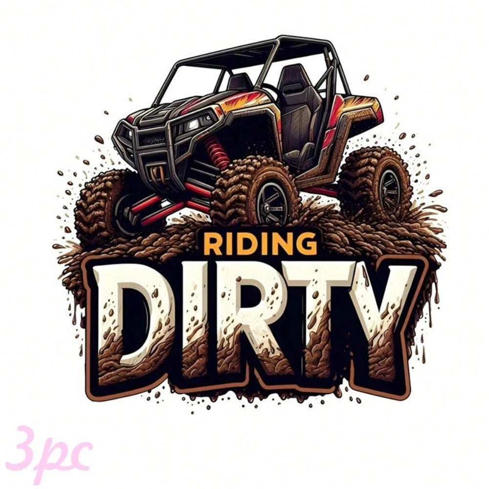 3pcs American Off-Road UTV Heat Transfer Patches, Mud Splash & Flame Graphic Design DIY Iron-On Transfers, Suitable For Clothing, T-Shirt Making, Pillow Decoration And Various Apparel Appliques
