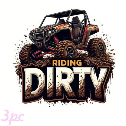 3pcs American Off-Road UTV Heat Transfer Patches, Mud Splash & Flame Graphic Design DIY Iron-On Transfers, Suitable For Clothing, T-Shirt Making, Pillow Decoration And Various Apparel Appliques