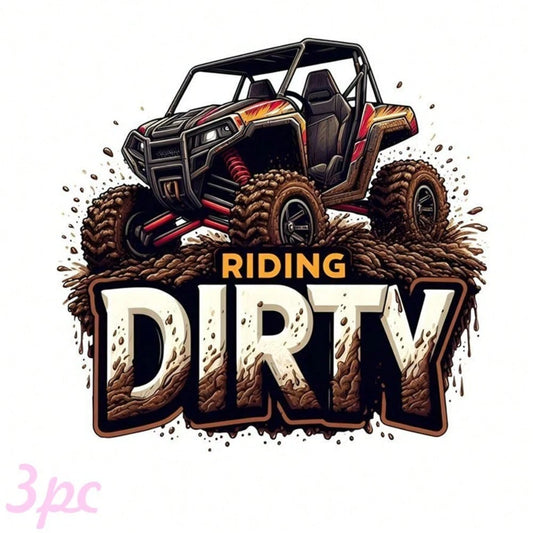 3pcs American Off-Road UTV Heat Transfer Patches, Mud Splash & Flame Graphic Design DIY Iron-On Transfers, Suitable For Clothing, T-Shirt Making, Pillow Decoration And Various Apparel Appliques