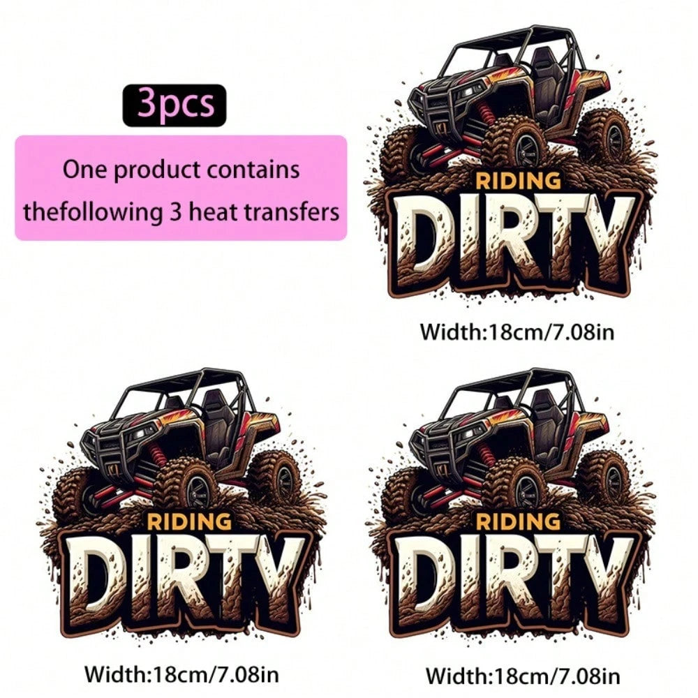 3pcs American Off-Road UTV Heat Transfer Patches, Mud Splash & Flame Graphic Design DIY Iron-On Transfers, Suitable For Clothing, T-Shirt Making, Pillow Decoration And Various Apparel Appliques