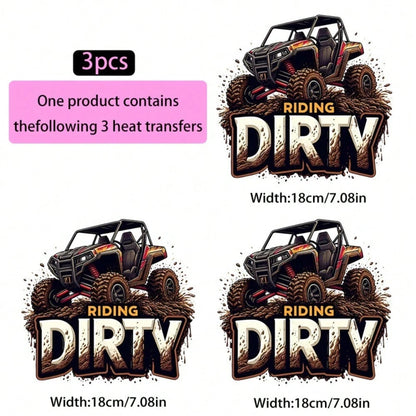3pcs American Off-Road UTV Heat Transfer Patches, Mud Splash & Flame Graphic Design DIY Iron-On Transfers, Suitable For Clothing, T-Shirt Making, Pillow Decoration And Various Apparel Appliques