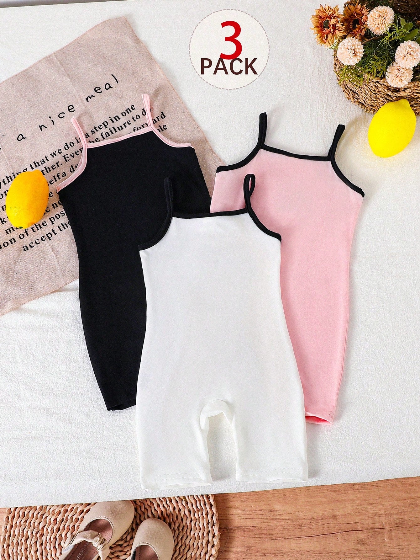 3pcs Baby Girls' Sweet Knit Camisole & Shorts Romper Set, Summer