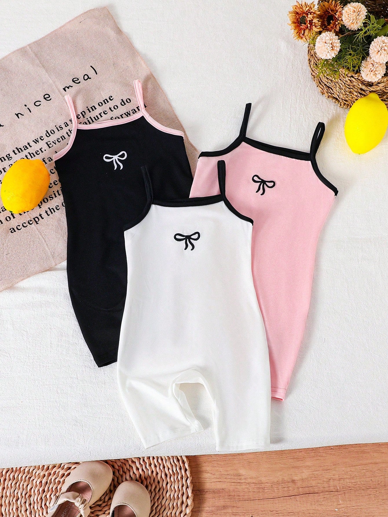 3pcs Baby Girls' Sweet Knit Camisole & Shorts Romper Set, Summer