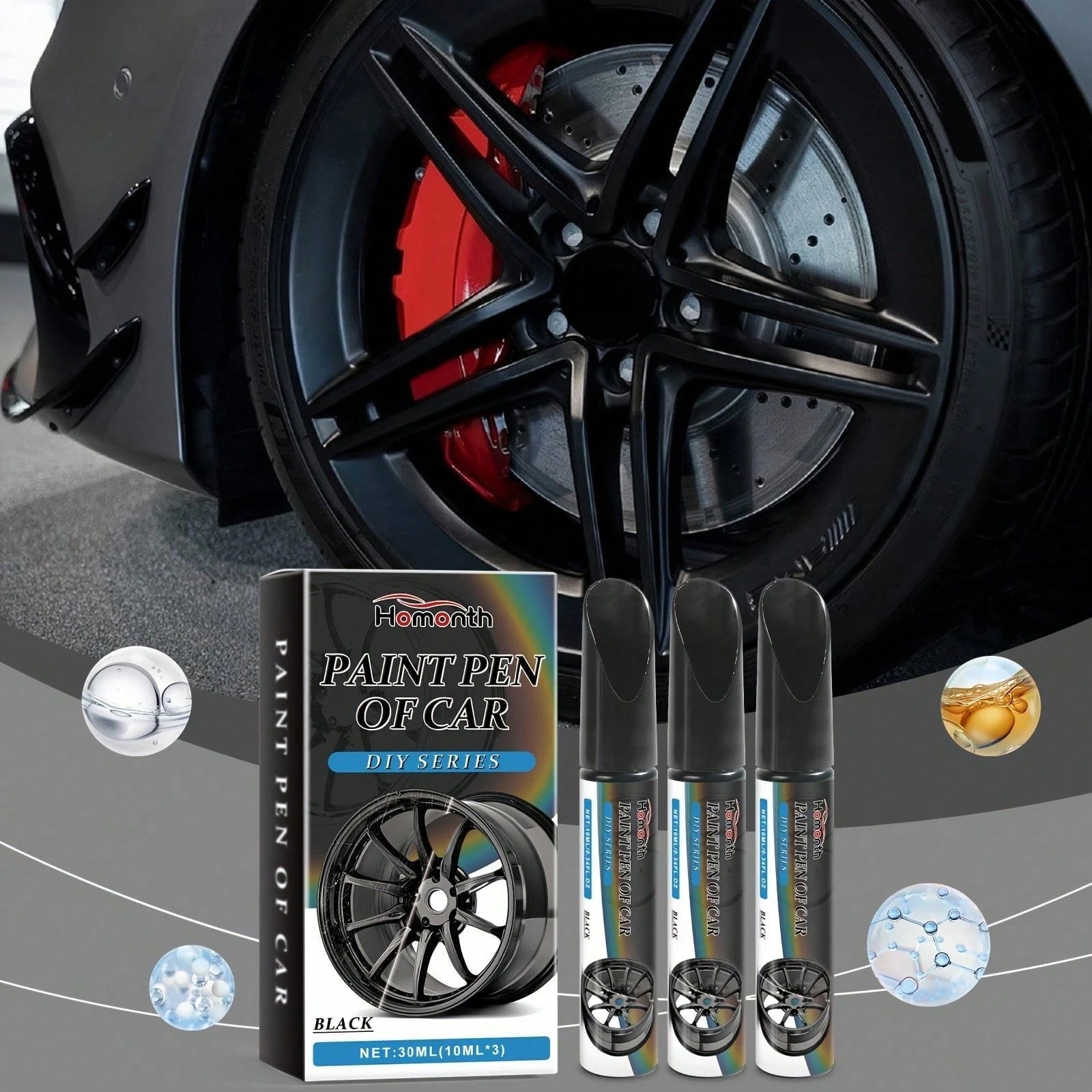 3pcs Black Car Wheel Scratch Repair Pen- Easy Touch-Up For Minor Scratches And Dents, Low Odor With Lemon Acid Formula