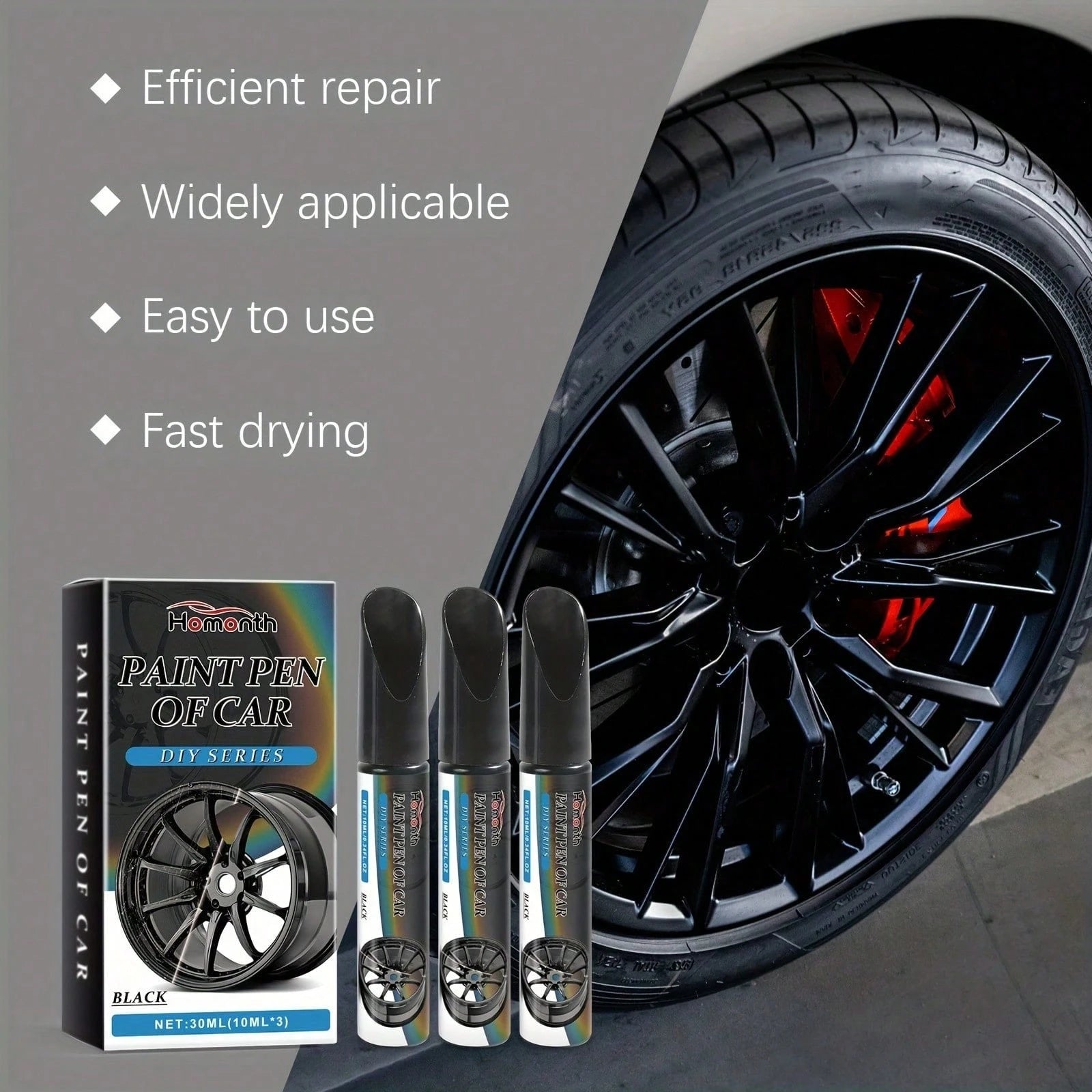 3pcs Black Car Wheel Scratch Repair Pen- Easy Touch-Up For Minor Scratches And Dents, Low Odor With Lemon Acid Formula
