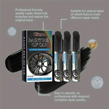 3pcs Black Car Wheel Scratch Repair Pen- Easy Touch-Up For Minor Scratches And Dents, Low Odor With Lemon Acid Formula