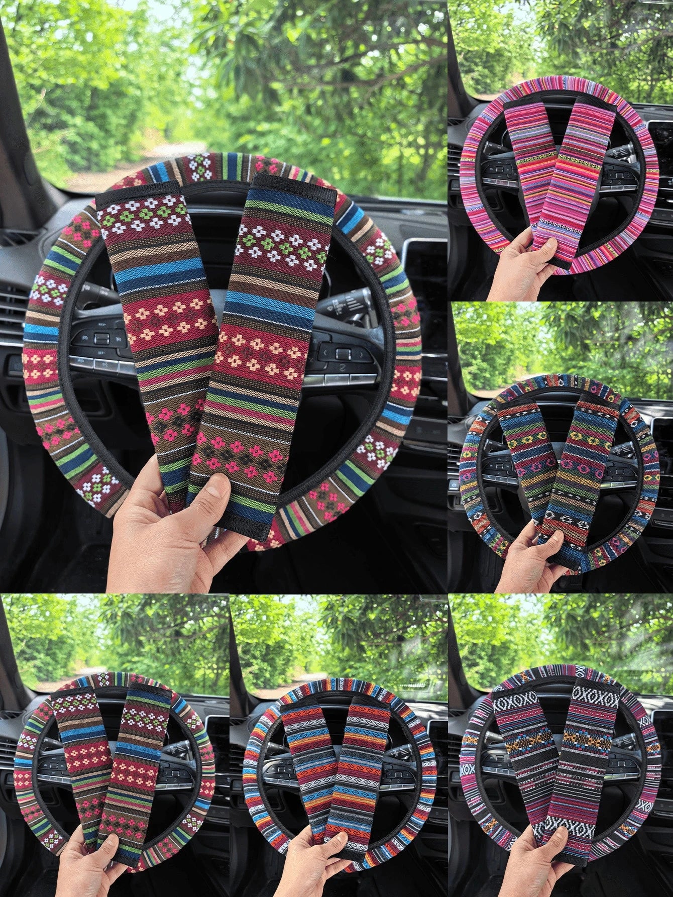 3pcs Bohemian Style Woven Linen Universal 15-Inch Steering Wheel Cover + 2pcs Seatbelt Covers, Non-Slip Comfortable Car Interior Decor Accessories, Suitable For Women And Men (5 Colors)