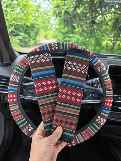 3pcs Bohemian Style Woven Linen Universal 15-Inch Steering Wheel Cover + 2pcs Seatbelt Covers, Non-Slip Comfortable Car Interior Decor Accessories, Suitable For Women And Men (5 Colors)