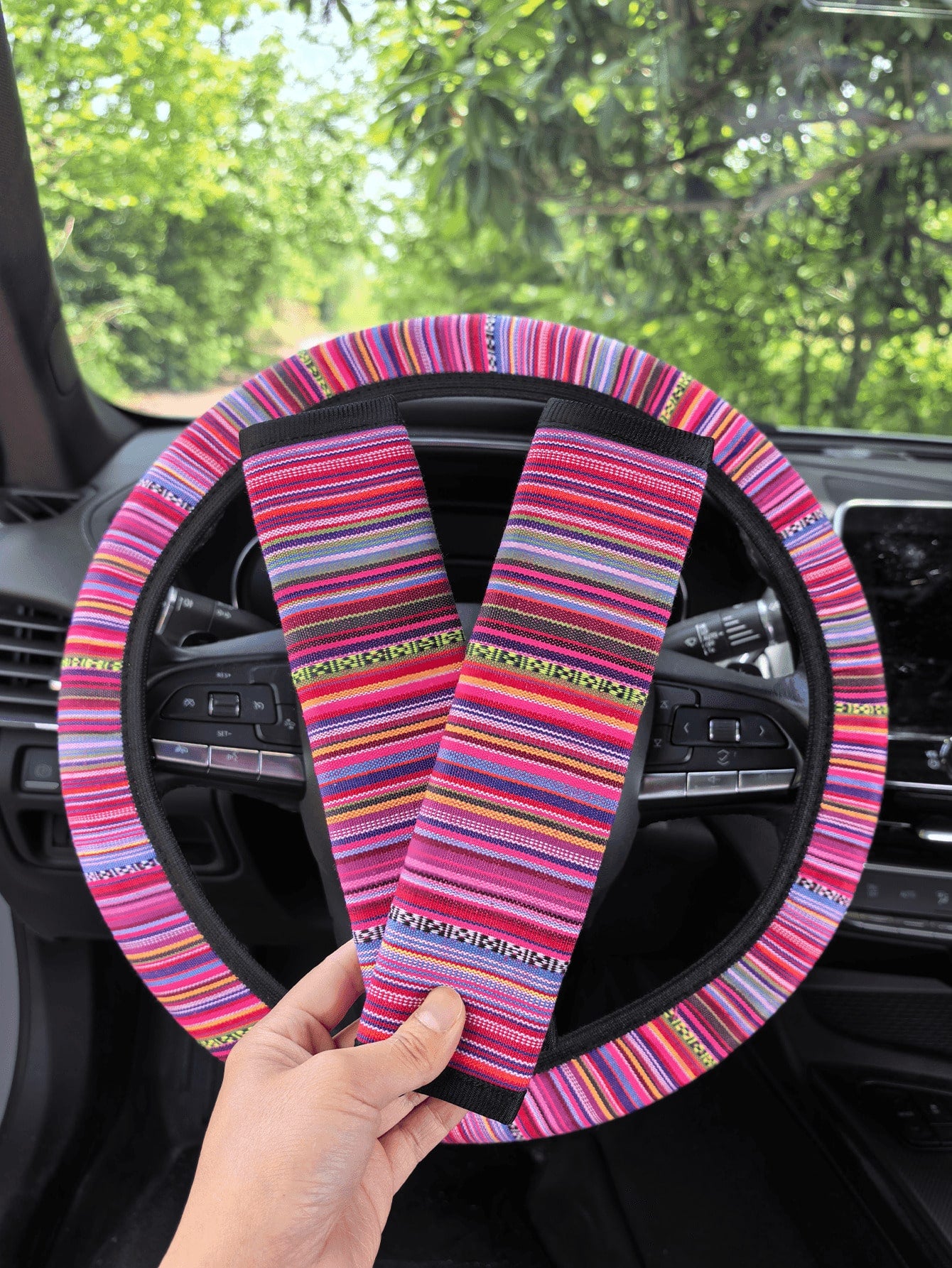 3pcs Bohemian Style Woven Linen Universal 15-Inch Steering Wheel Cover + 2pcs Seatbelt Covers, Non-Slip Comfortable Car Interior Decor Accessories, Suitable For Women And Men (5 Colors)