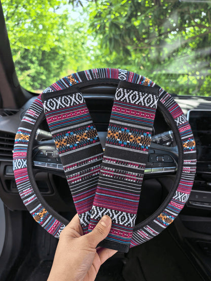 3pcs Bohemian Style Woven Linen Universal 15-Inch Steering Wheel Cover + 2pcs Seatbelt Covers, Non-Slip Comfortable Car Interior Decor Accessories, Suitable For Women And Men (5 Colors)