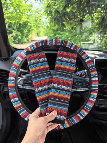 3pcs Bohemian Style Woven Linen Universal 15-Inch Steering Wheel Cover + 2pcs Seatbelt Covers, Non-Slip Comfortable Car Interior Decor Accessories, Suitable For Women And Men (5 Colors)