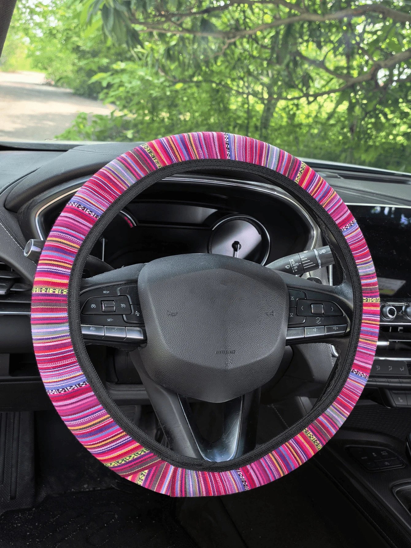 3pcs Bohemian Style Woven Linen Universal 15-Inch Steering Wheel Cover + 2pcs Seatbelt Covers, Non-Slip Comfortable Car Interior Decor Accessories, Suitable For Women And Men (5 Colors)
