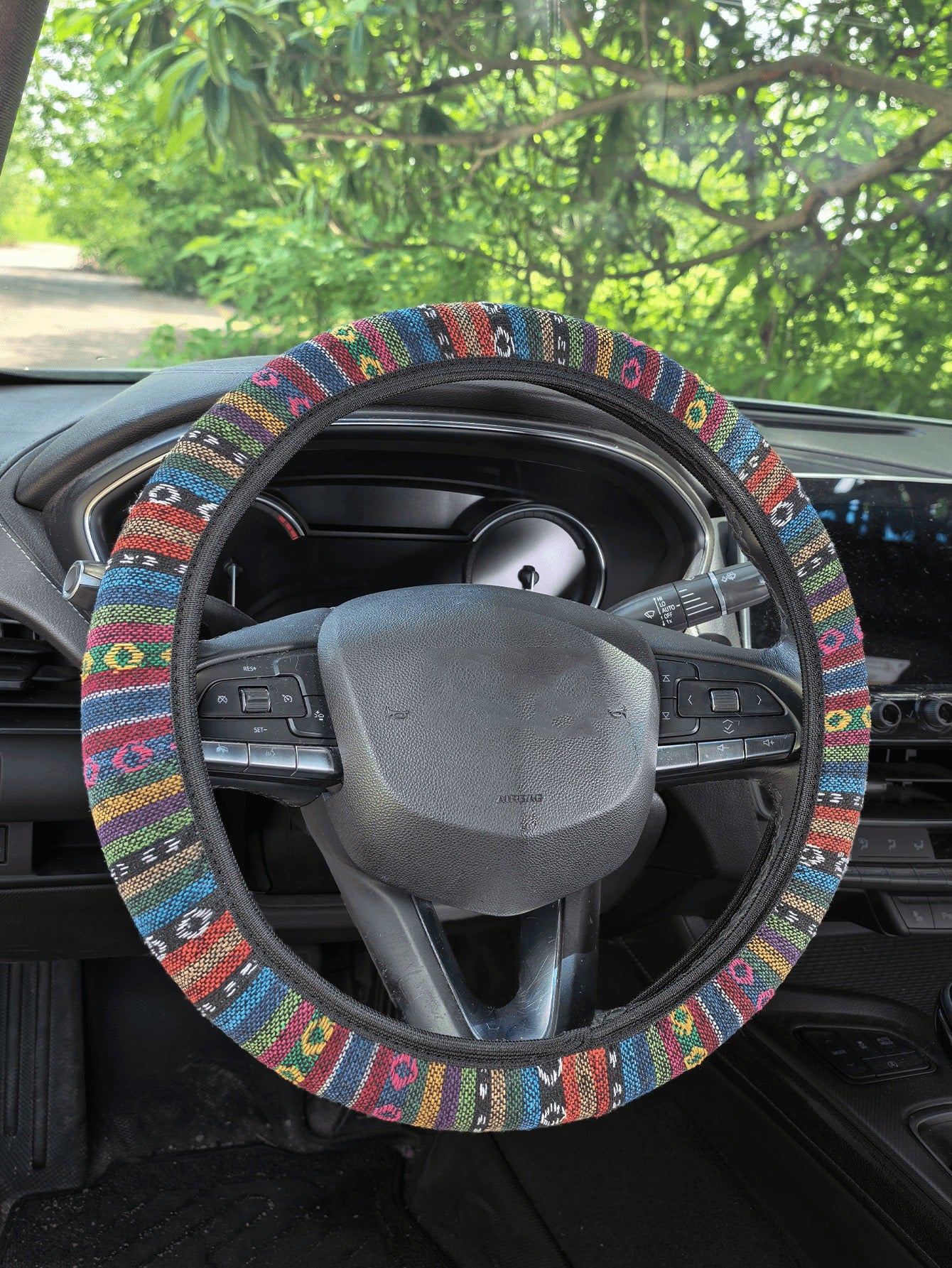 3pcs Bohemian Style Woven Linen Universal 15-Inch Steering Wheel Cover + 2pcs Seatbelt Covers, Non-Slip Comfortable Car Interior Decor Accessories, Suitable For Women And Men (5 Colors)