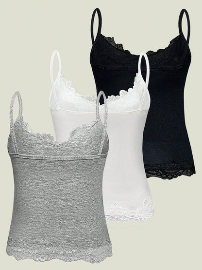 3pcs Lace Camisole Tops For Women, Versatile Lace Camisole Outerwear, Layering Underwear Tops For All Seasons
