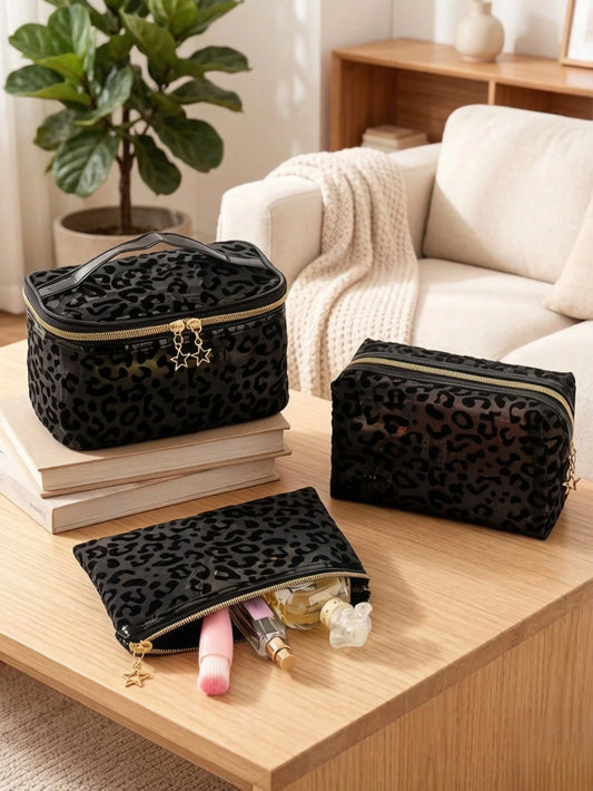 3pcs Large Capacity Fashionable Minimalist Transparent Hollow Mesh Makeup Bag Suitable For Travel, Outings And Home Use