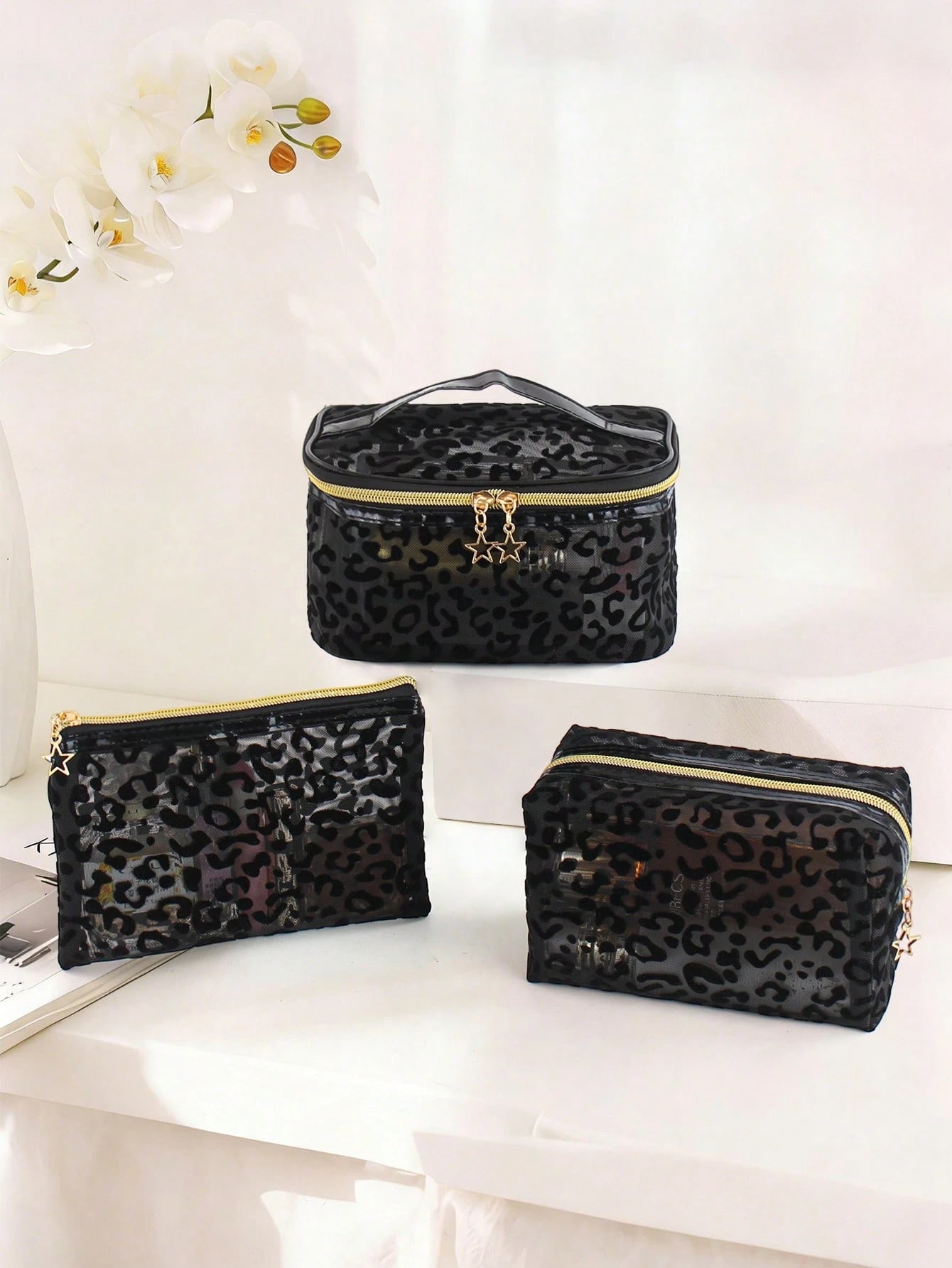 3pcs Large Capacity Fashionable Minimalist Transparent Hollow Mesh Makeup Bag Suitable For Travel, Outings And Home Use