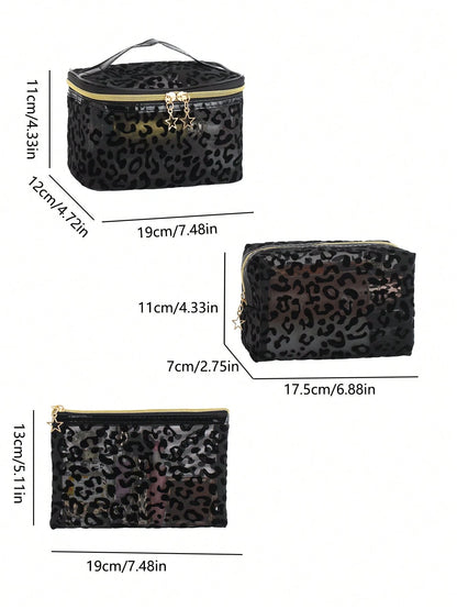 3pcs Large Capacity Fashionable Minimalist Transparent Hollow Mesh Makeup Bag Suitable For Travel, Outings And Home Use
