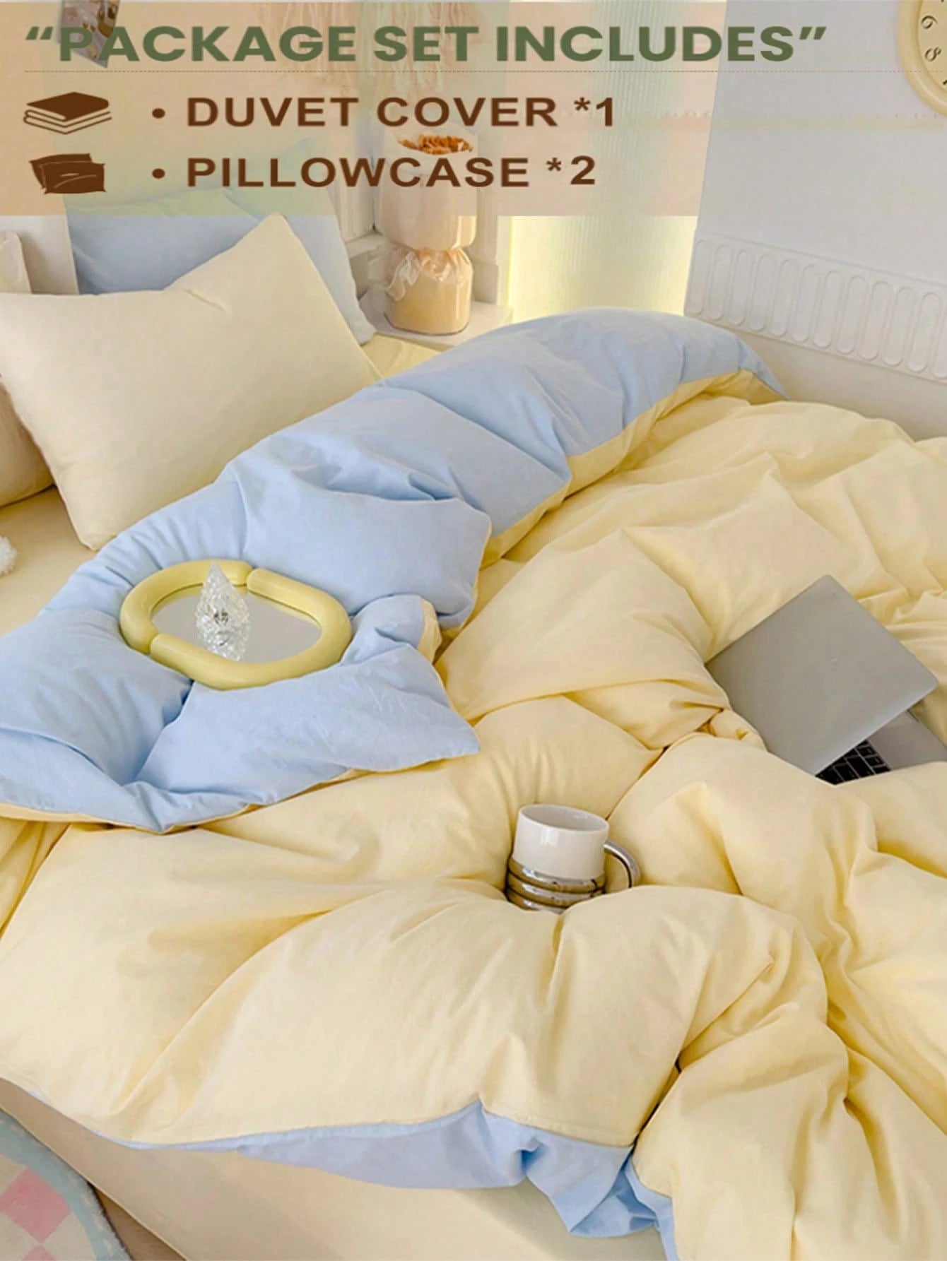 3pcs Light Yellow & Light Blue Bedding Set, 1 Duvet Cover, 2 Pillowcases, Washable No Filling, Suitable For Dorms And Bedrooms