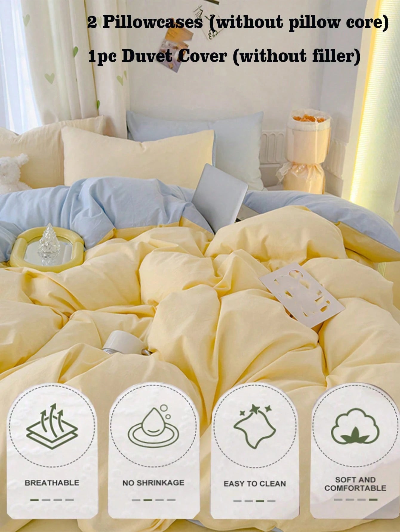 3pcs Light Yellow & Light Blue Bedding Set, 1 Duvet Cover, 2 Pillowcases, Washable No Filling, Suitable For Dorms And Bedrooms