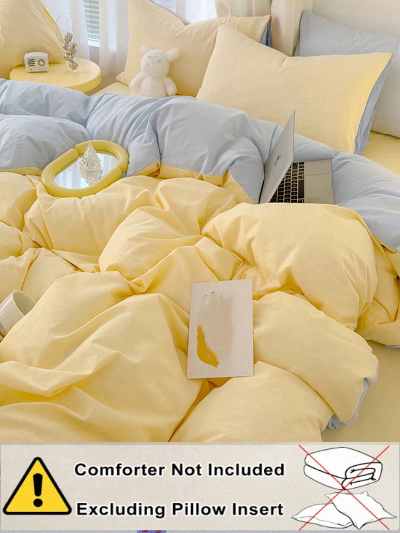 3pcs Light Yellow & Light Blue Bedding Set, 1 Duvet Cover, 2 Pillowcases, Washable No Filling, Suitable For Dorms And Bedrooms