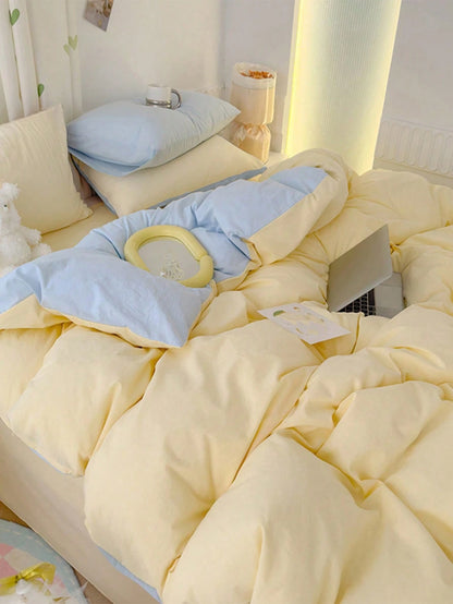 3pcs Light Yellow & Light Blue Bedding Set, 1 Duvet Cover, 2 Pillowcases, Washable No Filling, Suitable For Dorms And Bedrooms