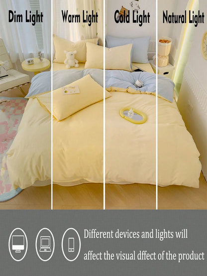 3pcs Light Yellow & Light Blue Bedding Set, 1 Duvet Cover, 2 Pillowcases, Washable No Filling, Suitable For Dorms And Bedrooms