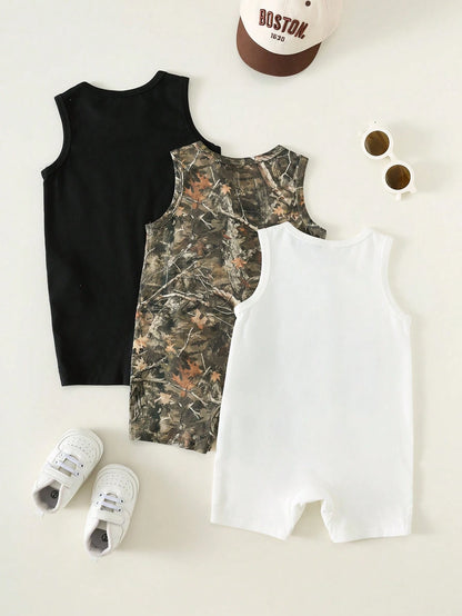 3pcs Newborn Baby Boy/Girl Casual Cute Slogan Sleeveless Romper Set, Baby Boy Outfit Sets, Baby Boy Summer Clothes,Vintage,Mothers Day Outfit,Squishy