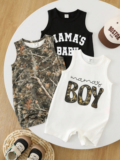 3pcs Newborn Baby Boy/Girl Casual Cute Slogan Sleeveless Romper Set, Baby Boy Outfit Sets, Baby Boy Summer Clothes,Vintage,Mothers Day Outfit,Squishy