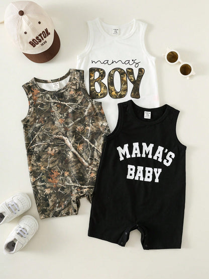 3pcs Newborn Baby Boy/Girl Casual Cute Slogan Sleeveless Romper Set, Baby Boy Outfit Sets, Baby Boy Summer Clothes,Vintage,Mothers Day Outfit,Squishy