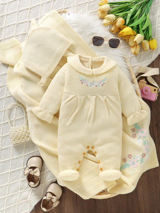 3pcs Newborn Baby Girl Outfit Set:Cute Butter Yellow Embroidered Romper,Peter Pan Collar,Footie,Hat & Knit Blanket,Autumn Winter Knitted Clothes