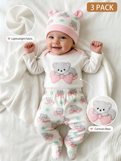 3pcs Newborn Baby White Autumn Cute Family Matching Bear Outfit Set Bodysuit With Bear Print Bowknot Pants With Clover Pattern And Hat With Ears