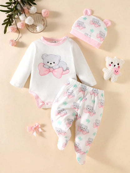 3pcs Newborn Baby White Autumn Cute Family Matching Bear Outfit Set Bodysuit With Bear Print Bowknot Pants With Clover Pattern And Hat With Ears