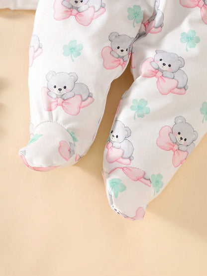 3pcs Newborn Baby White Autumn Cute Family Matching Bear Outfit Set Bodysuit With Bear Print Bowknot Pants With Clover Pattern And Hat With Ears