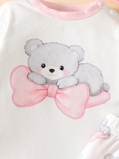 3pcs Newborn Baby White Autumn Cute Family Matching Bear Outfit Set Bodysuit With Bear Print Bowknot Pants With Clover Pattern And Hat With Ears
