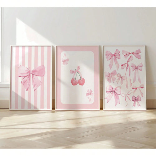3pcs Pink Bow Watercolor Wall Art Coquette Cherry Prints Canvas Paintings Preppy Poster For Bedroom College Apartment Decor No Frame