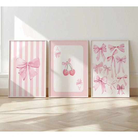 3pcs Pink Bow Watercolor Wall Art Coquette Cherry Prints Canvas Paintings Preppy Poster For Bedroom College Apartment Decor No Frame