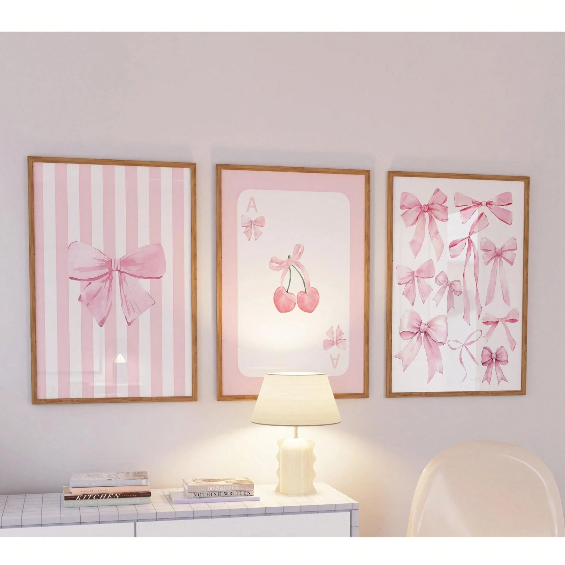3pcs Pink Bow Watercolor Wall Art Coquette Cherry Prints Canvas Paintings Preppy Poster For Bedroom College Apartment Decor No Frame