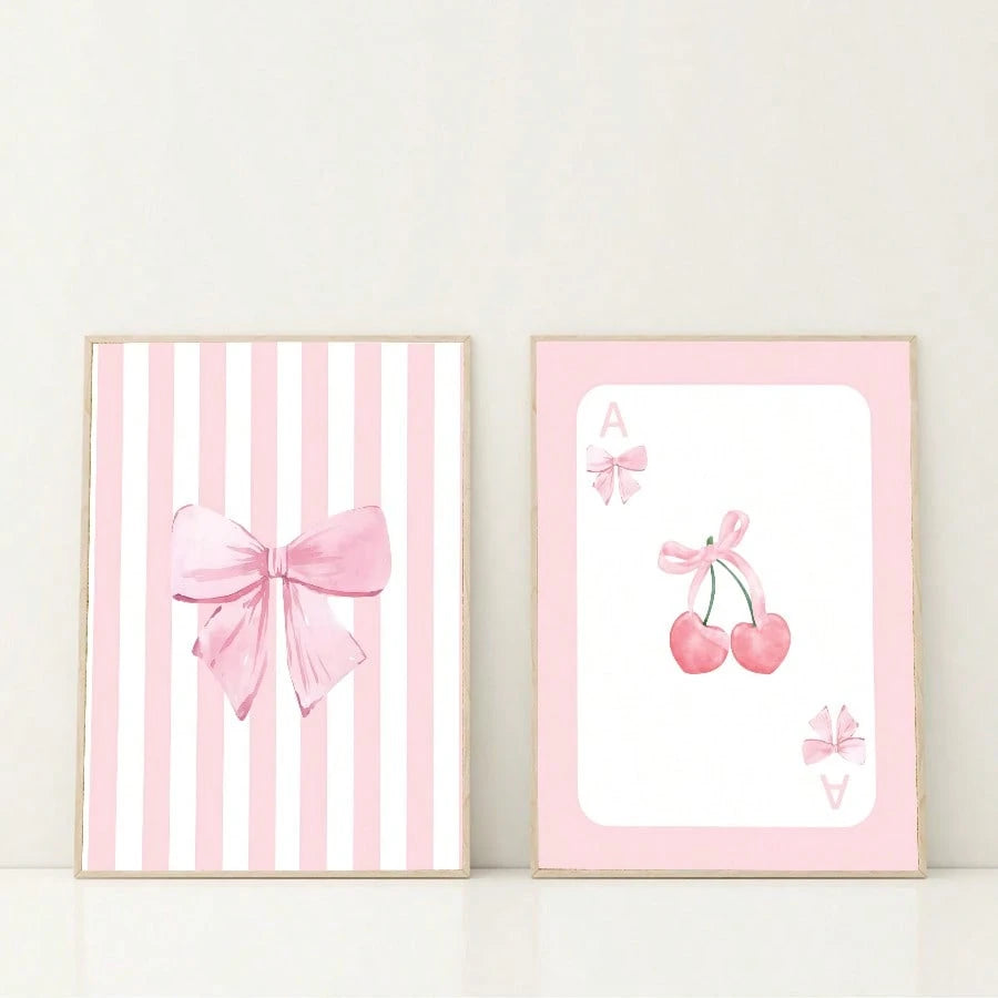 3pcs Pink Bow Watercolor Wall Art Coquette Cherry Prints Canvas Paintings Preppy Poster For Bedroom College Apartment Decor No Frame