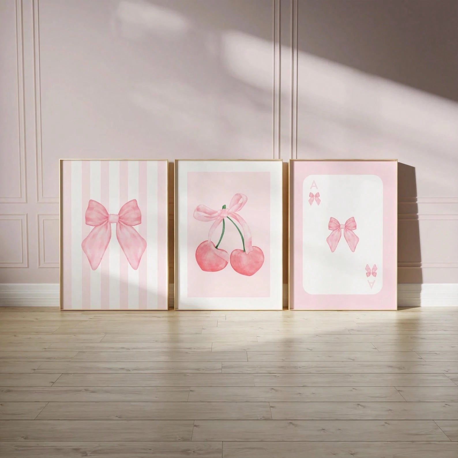 3pcs Pink Bow Watercolor Wall Art Coquette Cherry Prints Canvas Paintings Preppy Poster For Bedroom College Apartment Decor No Frame