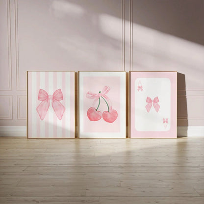 3pcs Pink Bow Watercolor Wall Art Coquette Cherry Prints Canvas Paintings Preppy Poster For Bedroom College Apartment Decor No Frame