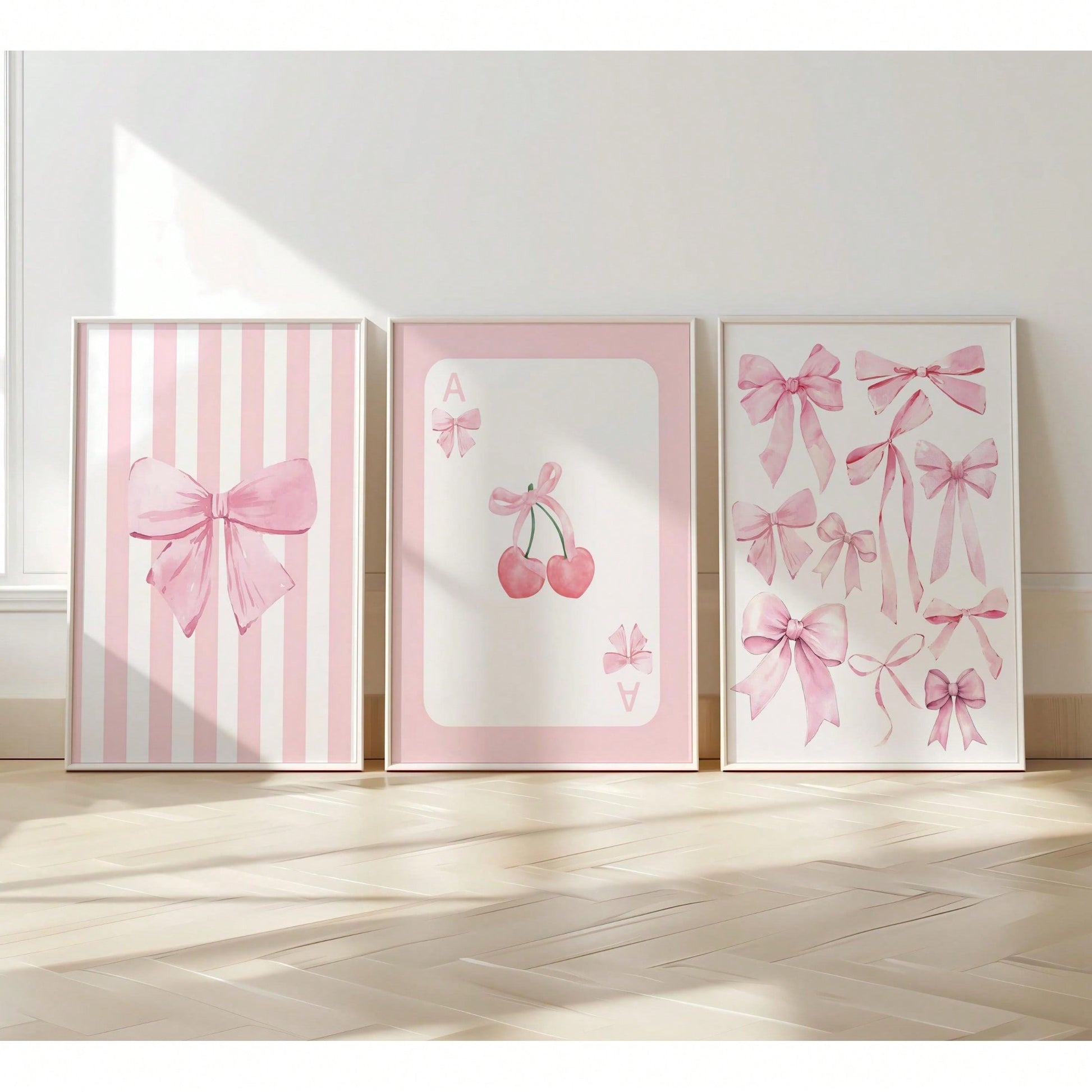 3pcs Pink Bow Watercolor Wall Art Coquette Cherry Prints Canvas Paintings Preppy Poster For Bedroom College Apartment Decor No Frame