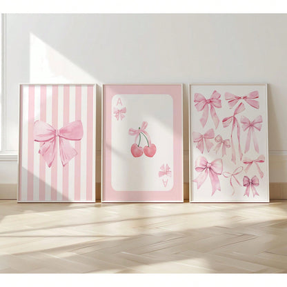 3pcs Pink Bow Watercolor Wall Art Coquette Cherry Prints Canvas Paintings Preppy Poster For Bedroom College Apartment Decor No Frame