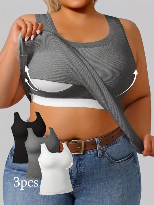 3pcs Plus Size U-Back Tank Tops For Women With Padded Chest, Slimming Ribbed Solid Color Innerwear And Outerwear Base Layer Sports