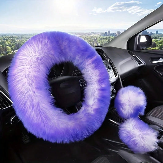 3pcs Pure Wool Steering Wheel Cover 15inch Furry Steering Wheel Protector With Hand Brake And Shift Sleeve, Universal Soft Fluffy Steering Wheel Auto Parts