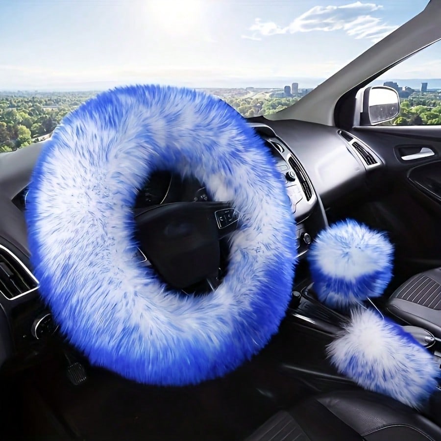 3pcs Pure Wool Steering Wheel Cover 15inch Furry Steering Wheel Protector With Hand Brake And Shift Sleeve, Universal Soft Fluffy Steering Wheel Auto Parts